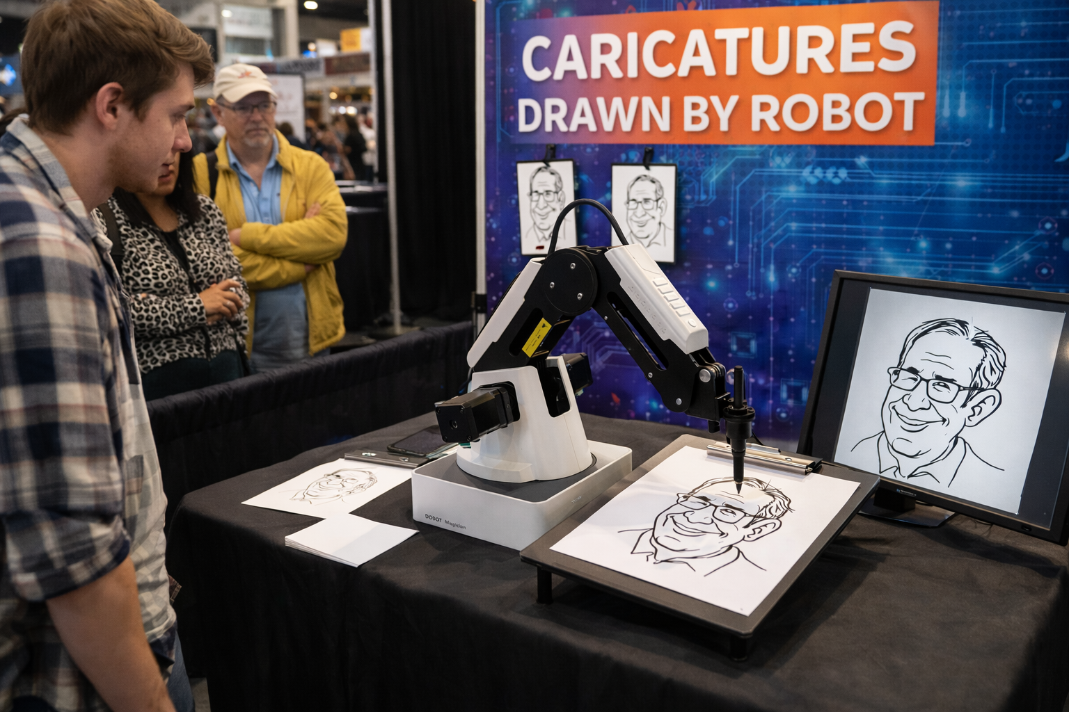 Robotic arm drawing portraits live at an event in Toronto