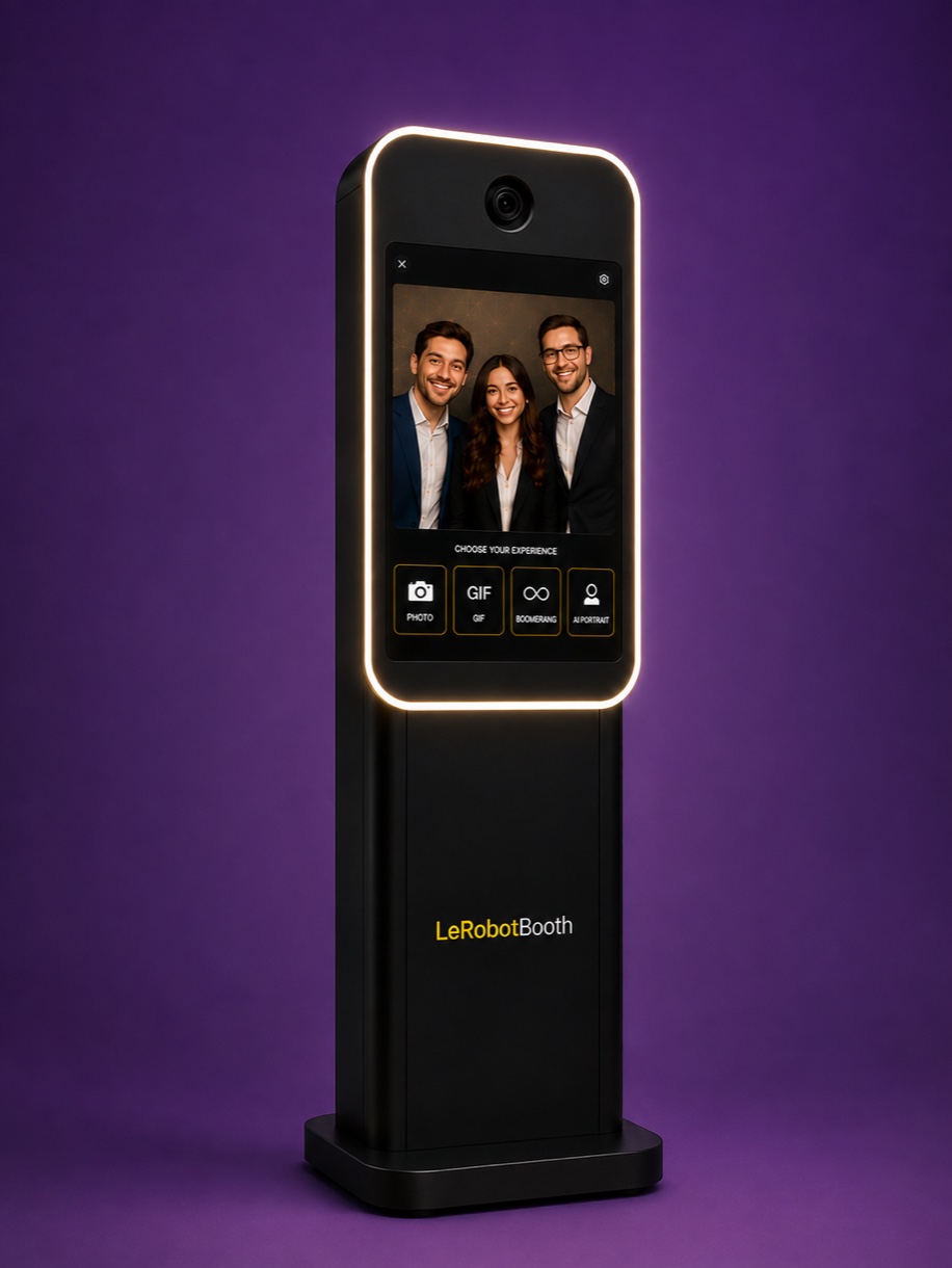 Capture AI photobooth kiosk showing the on-screen experience menu