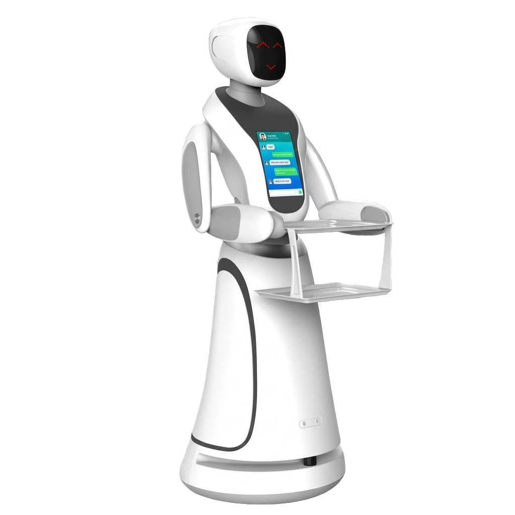 Waitress robot greeting a guest at an event